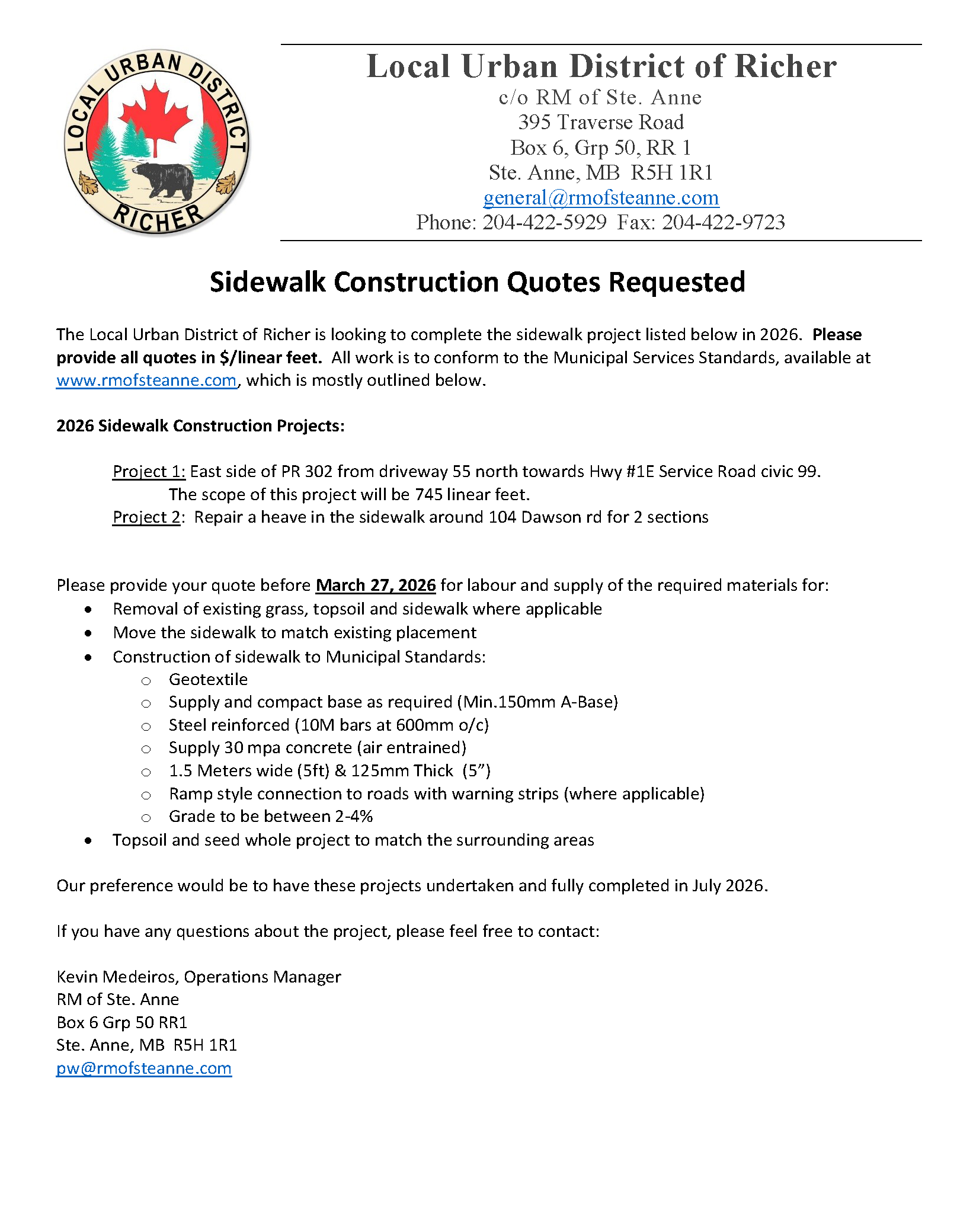 Information on the scope of work for the Sidewalk Construction Quote Request - Follow link for searchable PDF