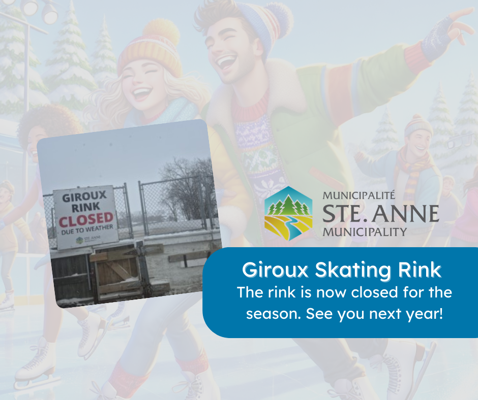 Background image of a two people skating together, smaller foreground image of the Giroux Skating Rink Closure sign