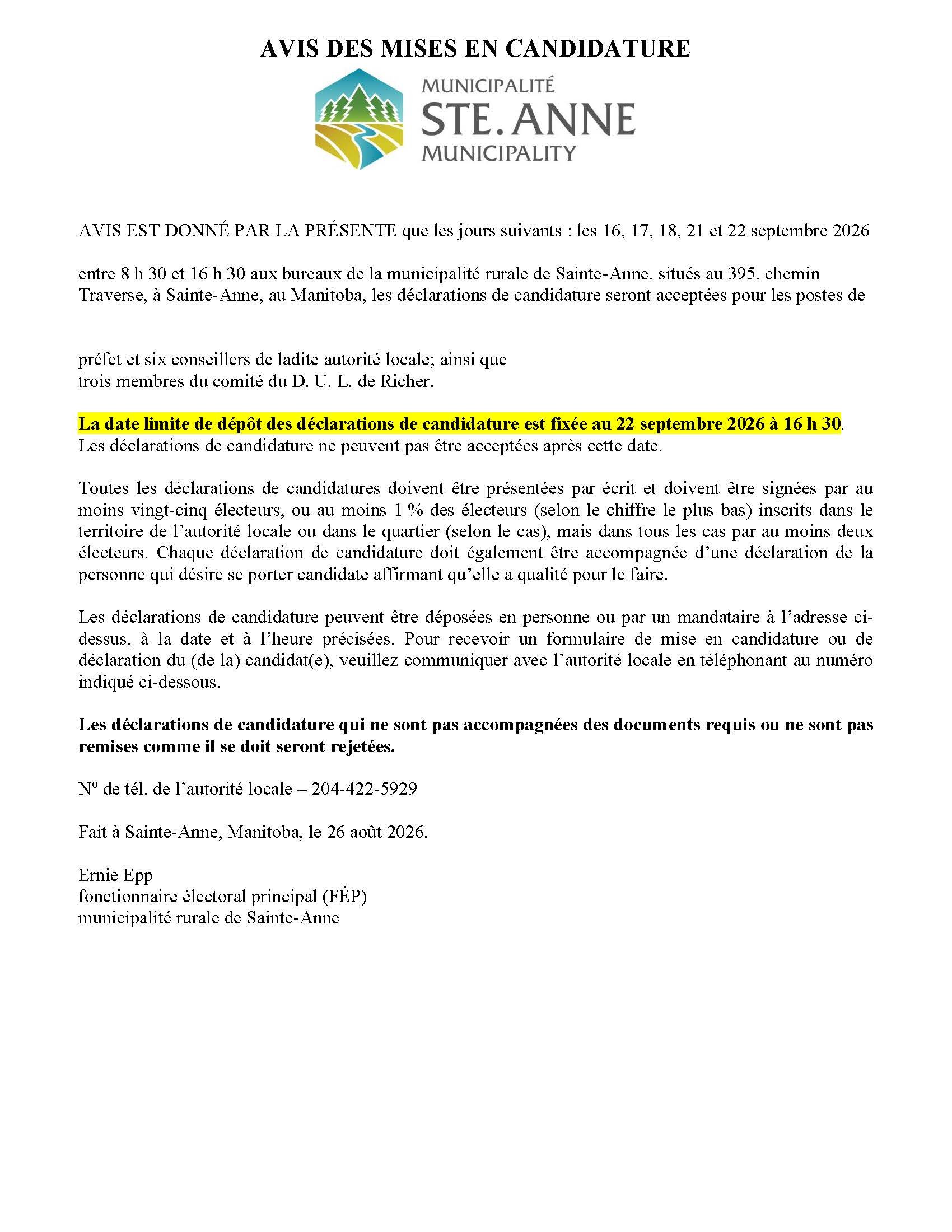Avis de mise en candidature