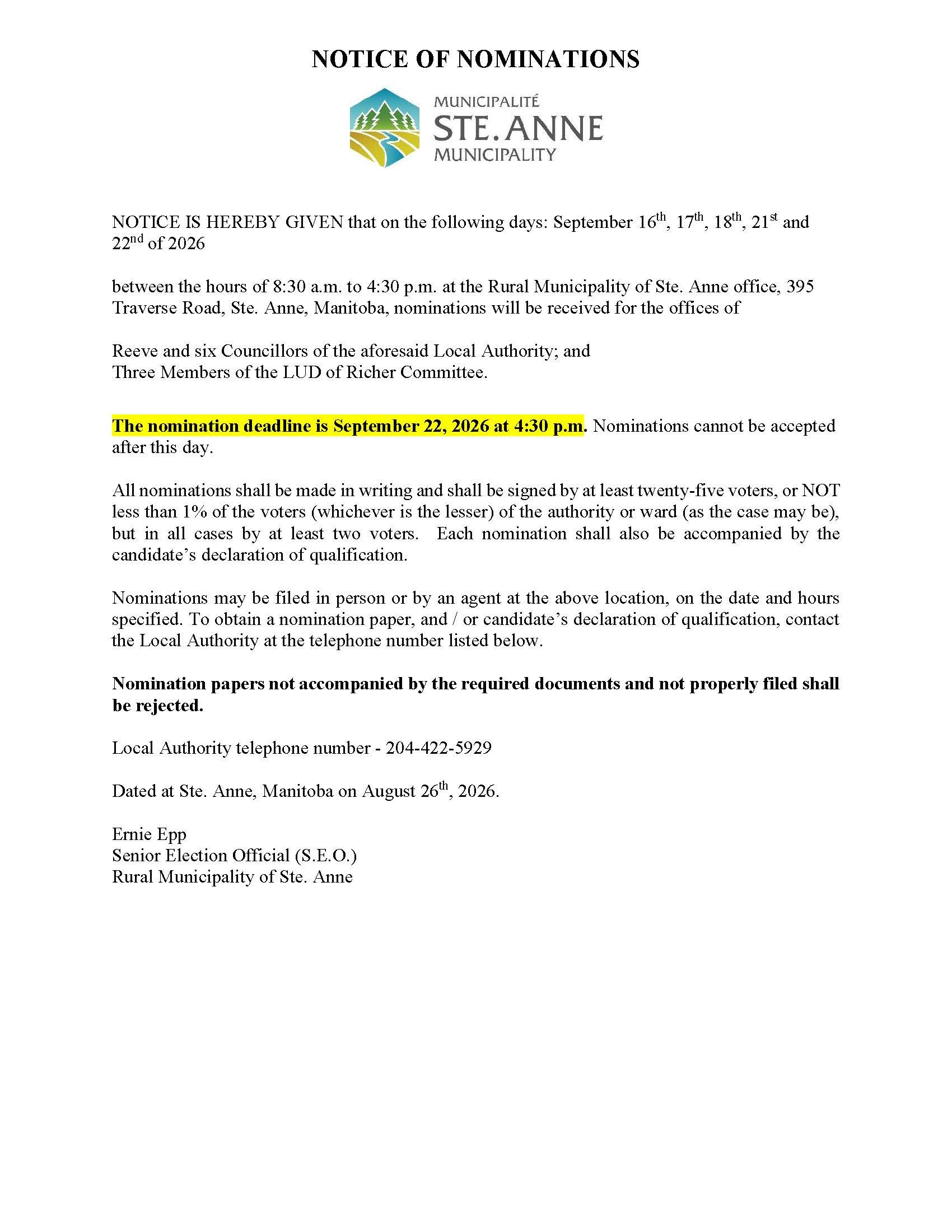 Notice of Nominations